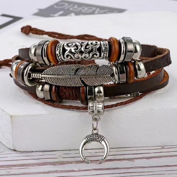 Moon Feather Multilayer Leather Bracelet Silver Tone Adjustable Punk Bohemian - Picture 4 of 5